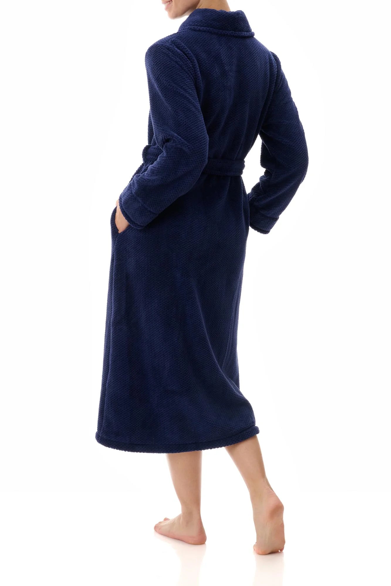 Givoni Dimple Fleece Mid Length Button Gown in Navy Blue, featuring a stand collar, tie belt, and cosy angel fleece fabric – available at The Foundation.