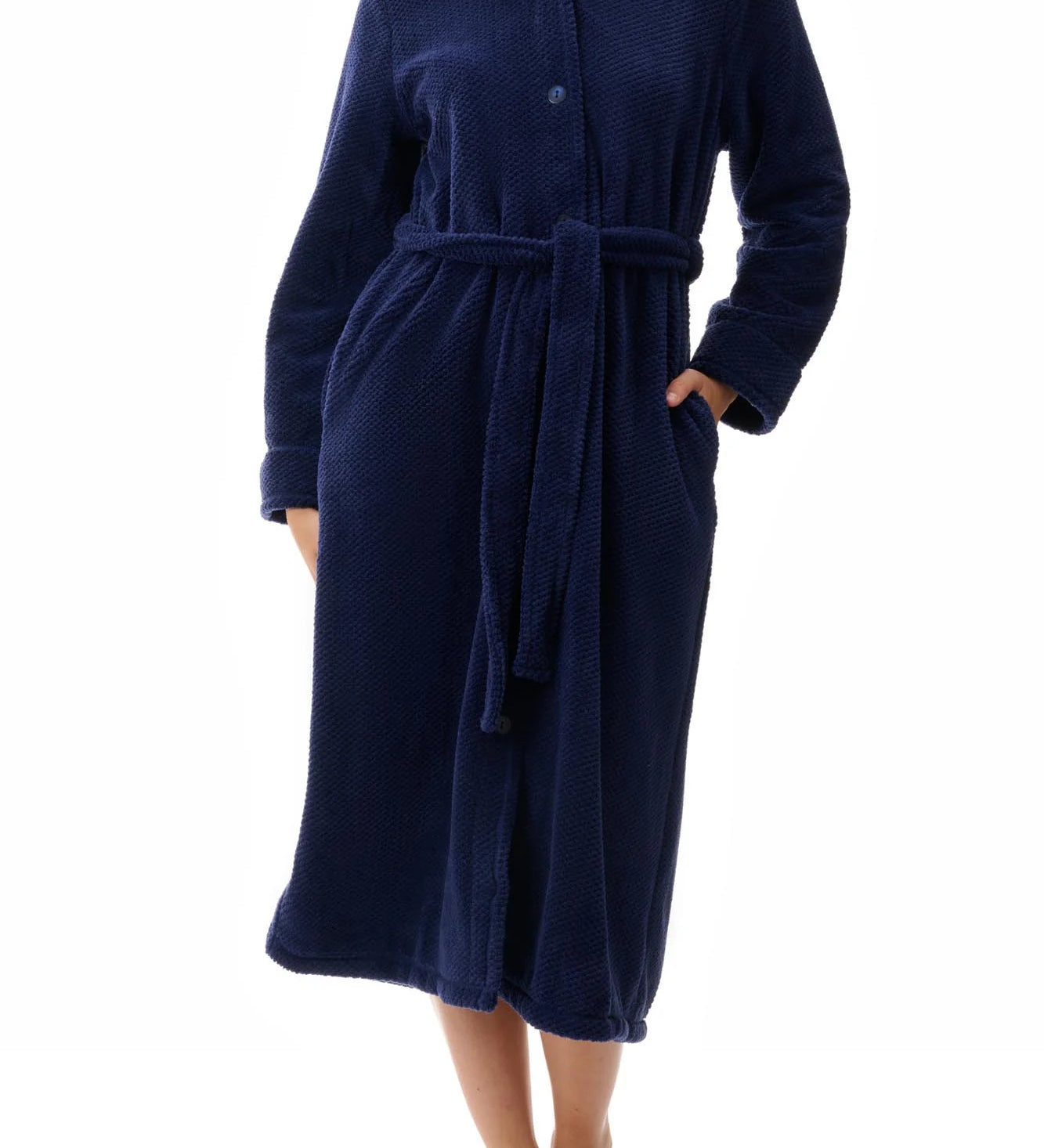 Givoni Dimple Fleece Mid Length Button Gown in Navy Blue, featuring a stand collar, tie belt, and cosy angel fleece fabric – available at The Foundation.