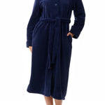 Givoni Dimple Fleece Mid Length Button Gown in Navy Blue, featuring a stand collar, tie belt, and cosy angel fleece fabric – available at The Foundation.