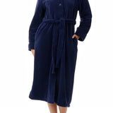 Givoni Dimple Fleece Mid Length Button Gown in Navy Blue, featuring a stand collar, tie belt, and cosy angel fleece fabric – available at The Foundation.
