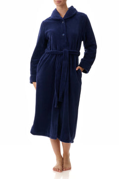 Givoni Dimple Fleece Mid Length Button Gown in Navy Blue, featuring a stand collar, tie belt, and cosy angel fleece fabric – available at The Foundation.