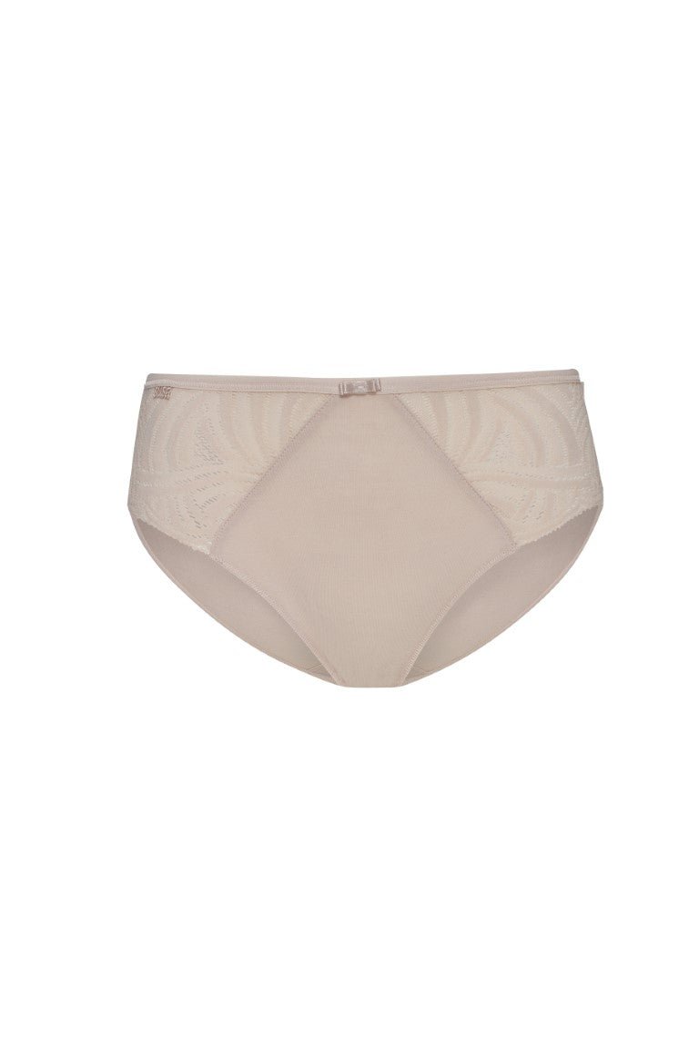 Flat lay of the Nizza Cotton Slip Brief in Sand – high cotton content with elastic comfort and sustainable design.