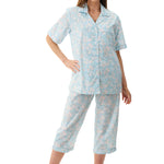 Front view of Givoni Cora Capri Pyjama in cotton, showing button-up top with collar, pocket, and matching capri pants.