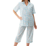 Front view of Givoni Cora Capri Pyjama in cotton, showing button-up top with collar, pocket, and matching capri pants.
