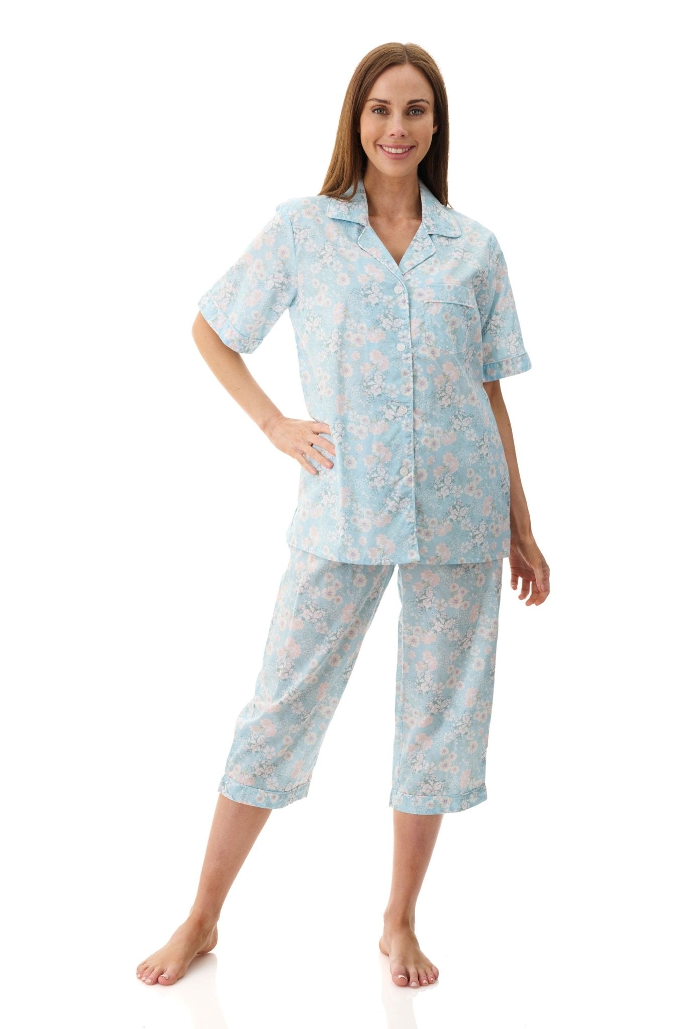 Front view of Givoni Cora Capri Pyjama in cotton, showing button-up top with collar, pocket, and matching capri pants.