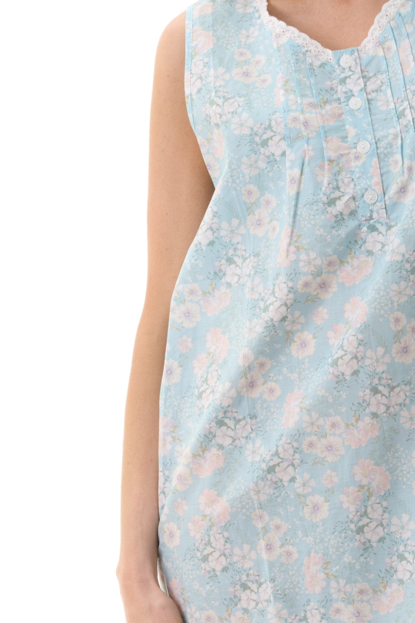 Close-up of Givoni Cora Sleeveless Nightie in cotton, showing lace trim and fine button detailing.