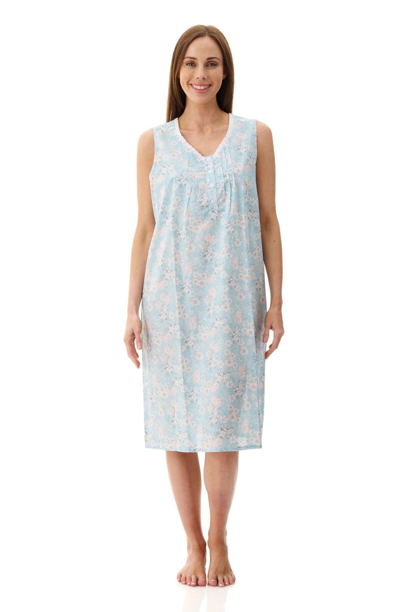 Front view of Givoni Cora Sleeveless Nightie in cotton, showing lace neckline, button placket, and relaxed fit.