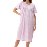 Givoni Connie Short Sleeve Short Nightie in pink floral print, featuring pintuck detail, picot-stitched neckline, and soft gathers for a relaxed summer fit.