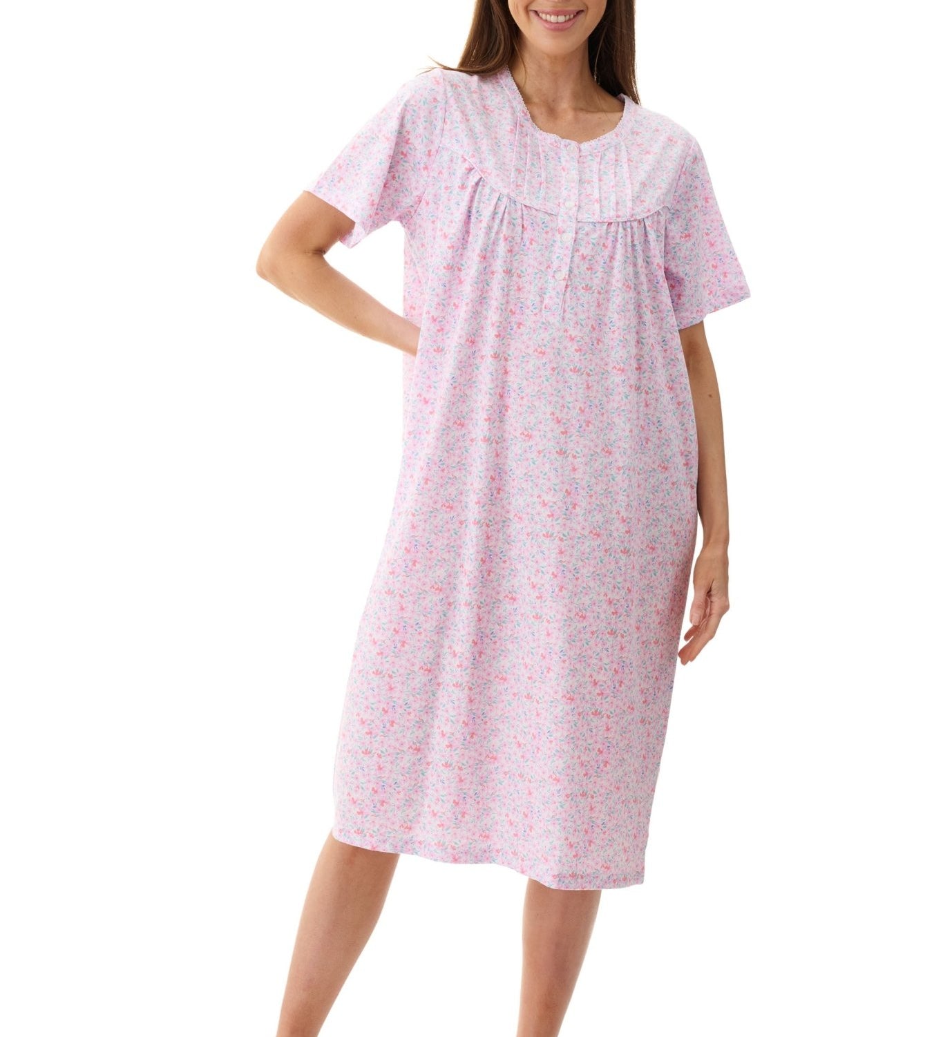 Givoni Connie Short Sleeve Short Nightie in pink floral print, featuring pintuck detail, picot-stitched neckline, and soft gathers for a relaxed summer fit.