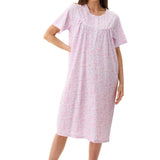 Givoni Connie Short Sleeve Short Nightie in pink floral print, featuring pintuck detail, picot-stitched neckline, and soft gathers for a relaxed summer fit.