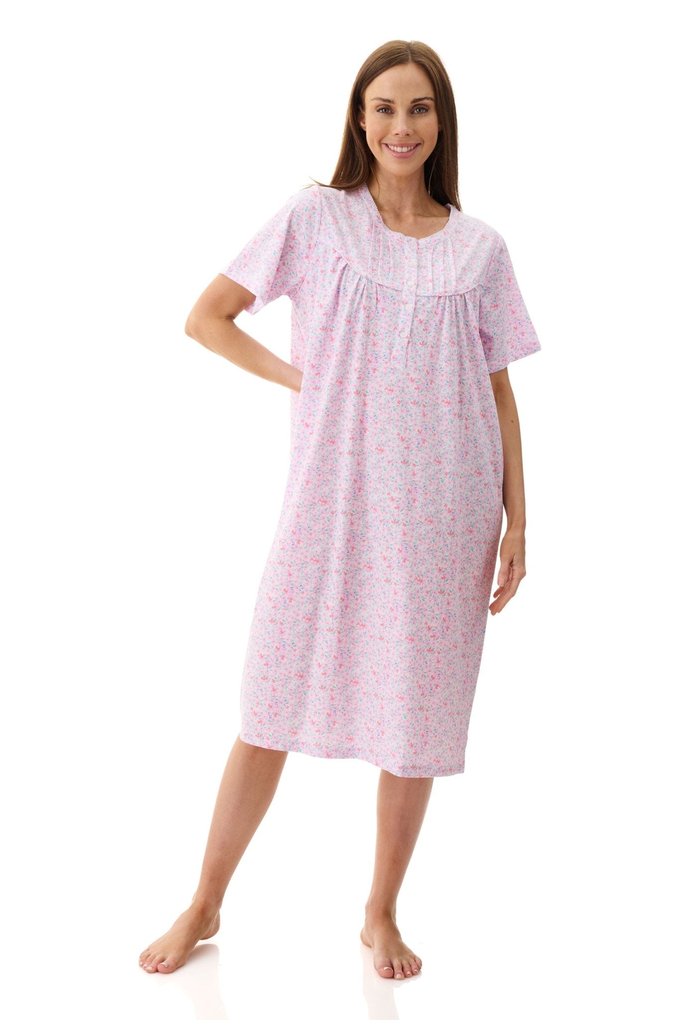 Givoni Connie Short Sleeve Short Nightie in pink floral print, featuring pintuck detail, picot-stitched neckline, and soft gathers for a relaxed summer fit.