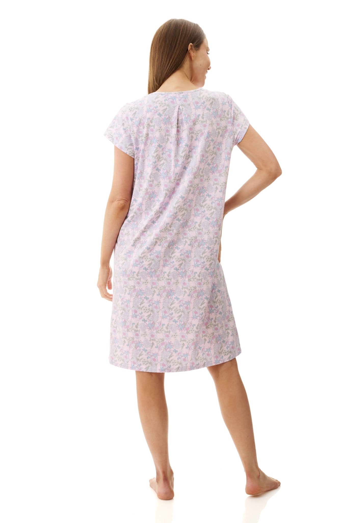 Back view of Givoni Hope Short Sleeve Nightie in pink floral bamboo blend, highlighting relaxed fit and smooth back.