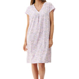 Front view of Givoni Hope Short Sleeve Nightie in pink floral bamboo blend, showing V-neckline and cap sleeves.