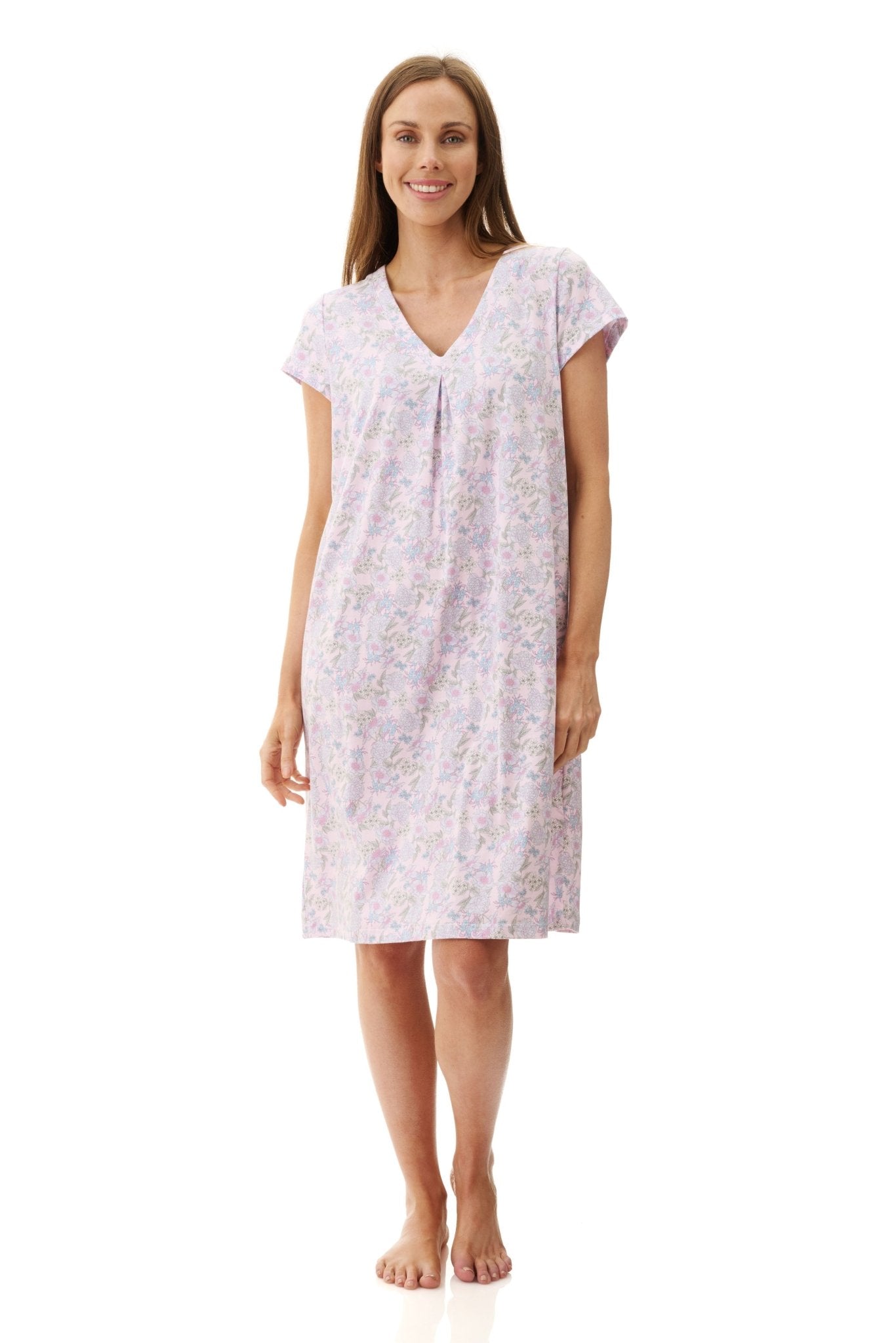Front view of Givoni Hope Short Sleeve Nightie in pink floral bamboo blend, showing V-neckline and cap sleeves.