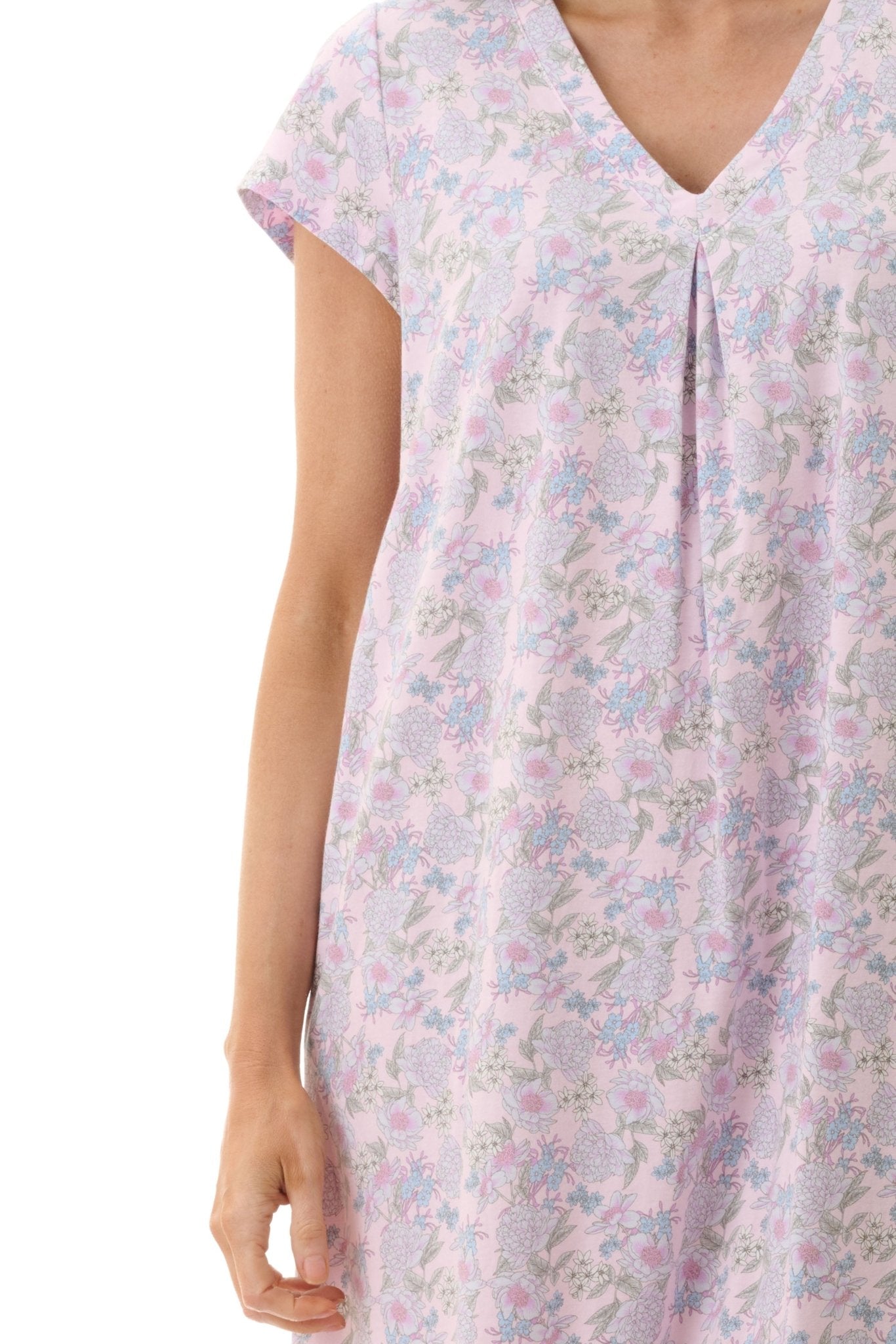 Close-up of Givoni Hope Short Sleeve Nightie in pink floral bamboo blend, showing inverted pleat detail and floral print.