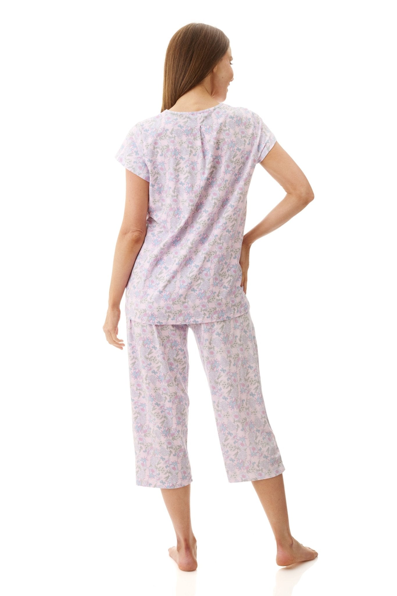 Back view of Givoni Hope Capri Pyjama in pink floral bamboo blend, highlighting relaxed fit and smooth back design.