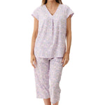Front view of Givoni Hope Capri Pyjama in pink floral bamboo blend, showing V-neck top and matching capri pants with pockets.
