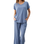 Givoni Le Marle Wide Leg Pyjama set in Dusk Marle Modal knit, featuring relaxed short-sleeve tee, wide-leg pants, side pockets, and drawstring waist.