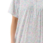 Close-up of Givoni Ivy Short Sleeve Nightie in floral cotton jersey, showing lace trim and fine pintuck stitching.