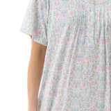 Close-up of Givoni Ivy Short Sleeve Nightie in floral cotton jersey, showing lace trim and fine pintuck stitching.