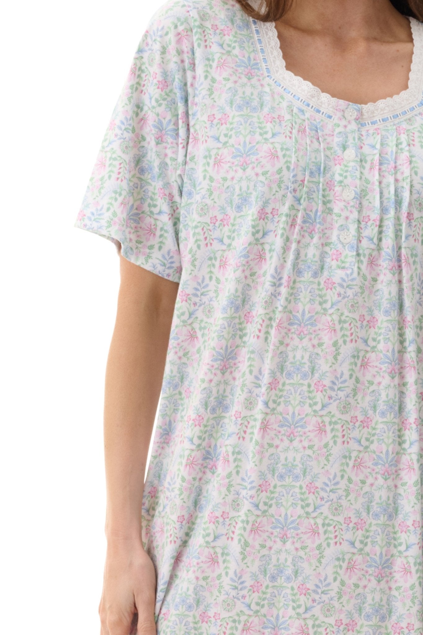 Close-up of Givoni Ivy Short Sleeve Nightie in floral cotton jersey, showing lace trim and fine pintuck stitching.