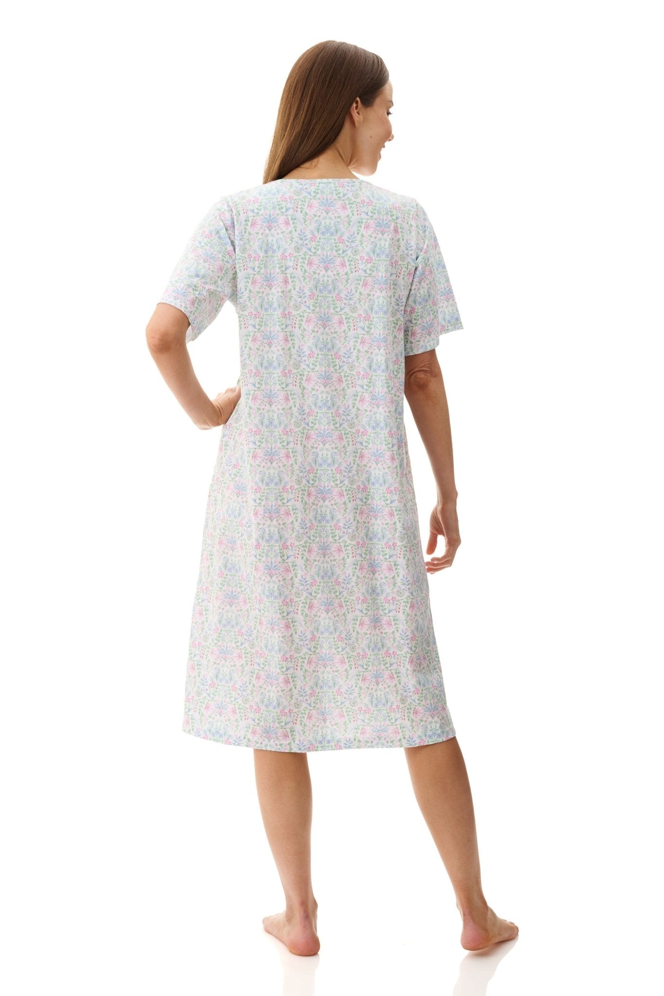 Back view of Givoni Ivy Short Sleeve Nightie in floral cotton jersey, highlighting relaxed fit and smooth back design.