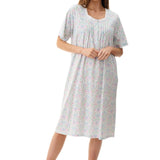 Front view of Givoni Ivy Short Sleeve Nightie in floral cotton jersey, showing lace trim neckline, pintucks, and button placket.