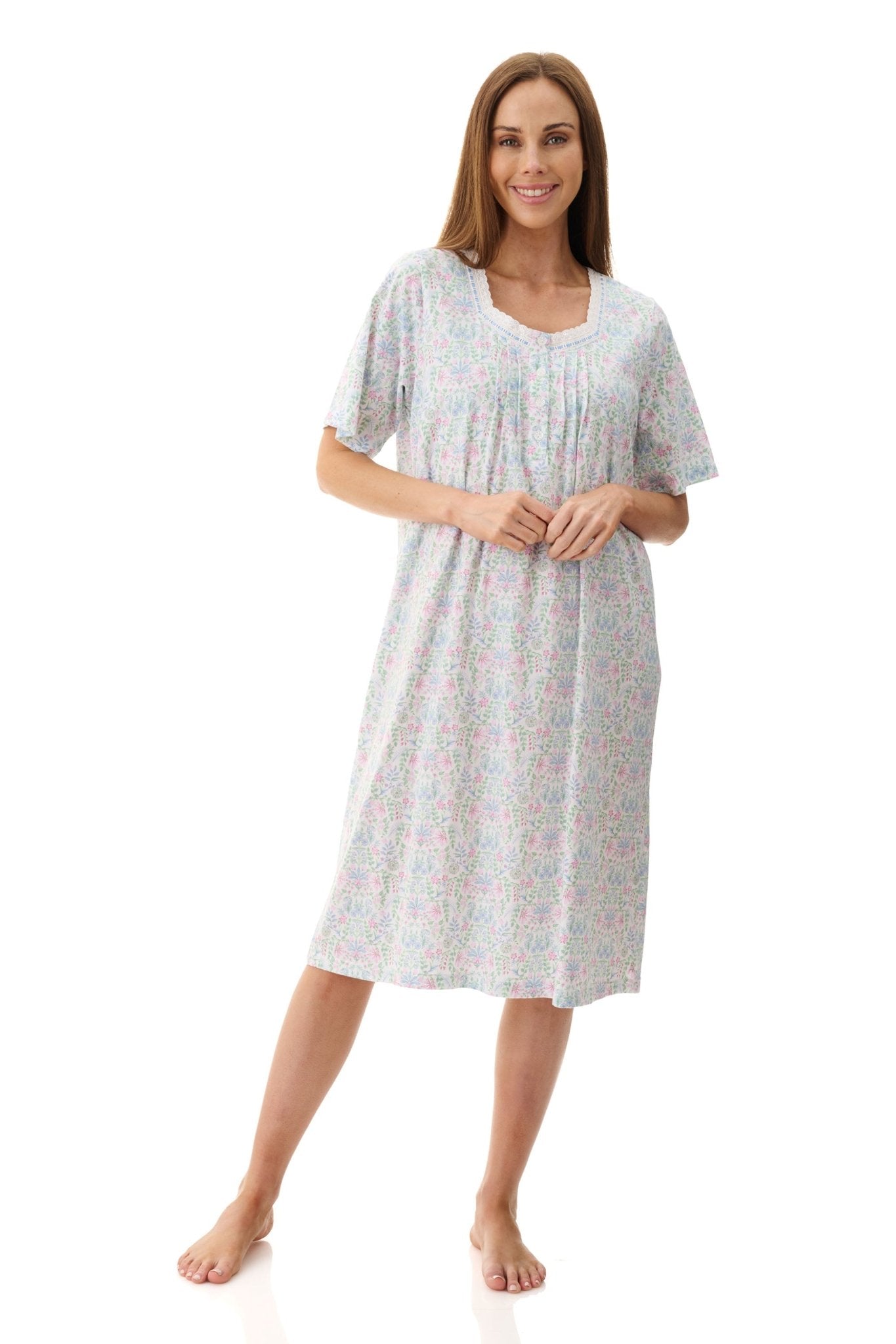 Front view of Givoni Ivy Short Sleeve Nightie in floral cotton jersey, showing lace trim neckline, pintucks, and button placket.