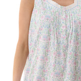 Close-up of Givoni Ivy Sleeveless Nightie in floral cotton jersey, showing lace trim and delicate pintuck stitching.