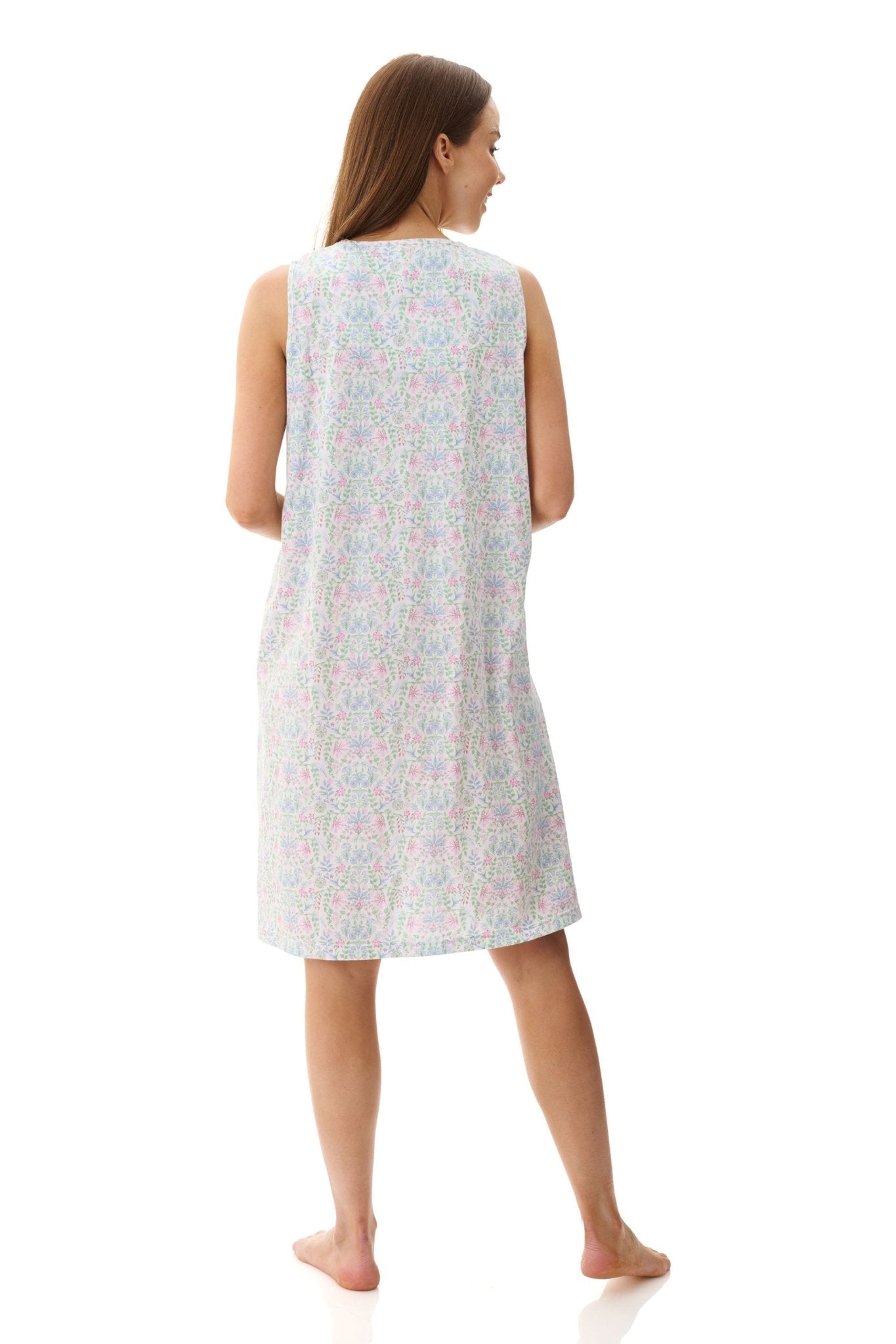 Back view of Givoni Ivy Sleeveless Nightie in floral cotton jersey, highlighting sleeveless design and relaxed fit.