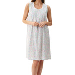 Front view of Givoni Ivy Sleeveless Nightie in floral cotton jersey, showing lace trim neckline, pintucks, and button placket