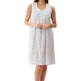 Front view of Givoni Ivy Sleeveless Nightie in floral cotton jersey, showing lace trim neckline, pintucks, and button placket