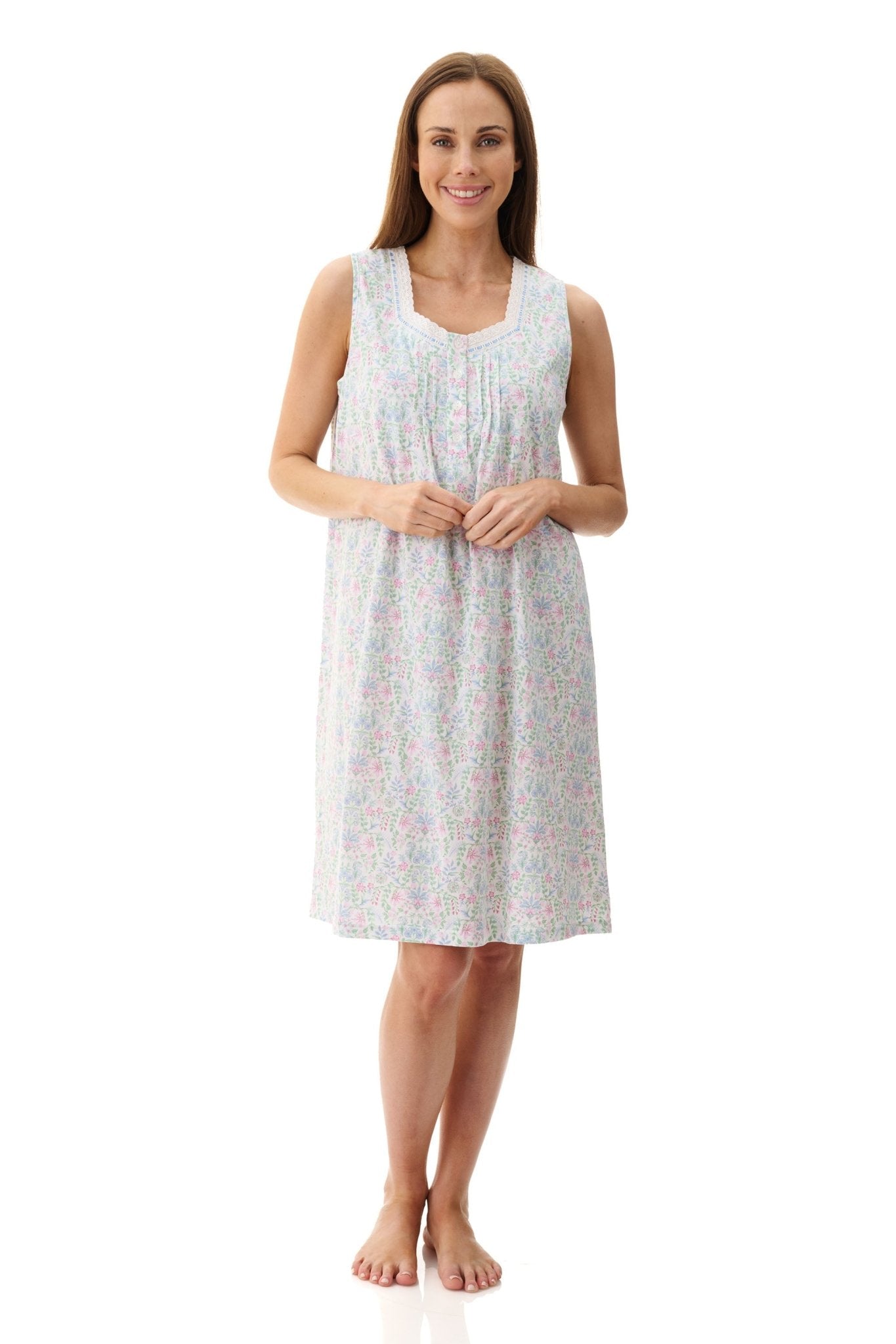 Front view of Givoni Ivy Sleeveless Nightie in floral cotton jersey, showing lace trim neckline, pintucks, and button placket