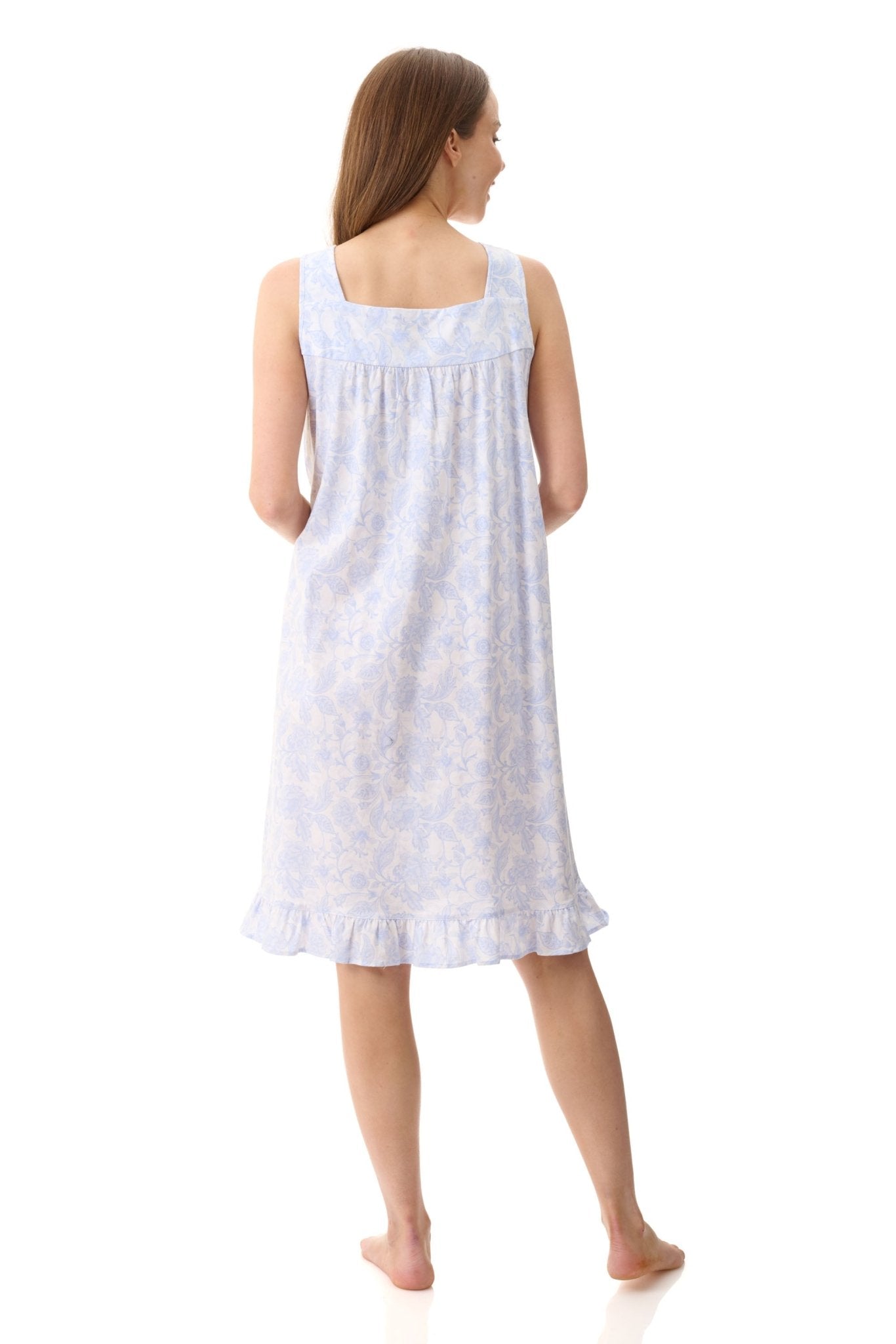 Back view of Givoni Wesley Pintucked Yoke Short Nightie in Damask Blue cotton knit, highlighting relaxed fit and softly flounced hem frill.