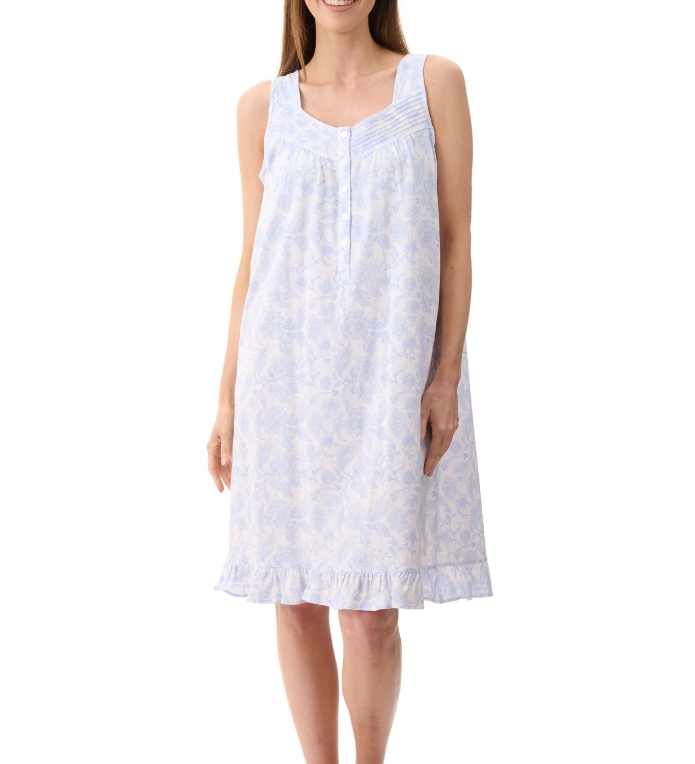 Front view of Givoni Wesley Pintucked Yoke Short Nightie in Damask Blue cotton knit, showing pintucked yoke, hem frill, and button front.