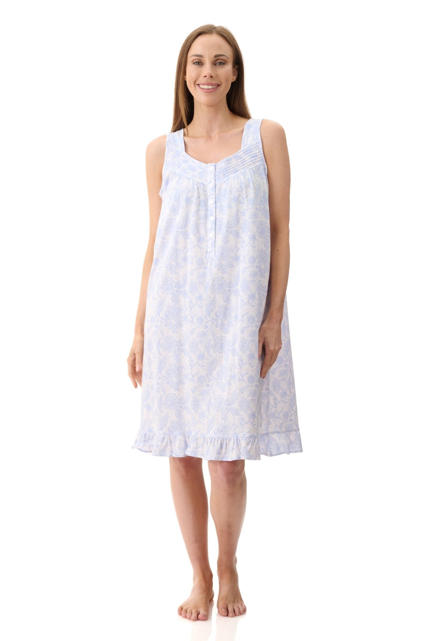 Front view of Givoni Wesley Pintucked Yoke Short Nightie in Damask Blue cotton knit, showing pintucked yoke, hem frill, and button front.