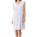 Givoni Wesley Flutter Sleeve Short Nightie in Damask Blue cotton knit, featuring satin scallop trim, pintuck detail, and a centre keyhole neckline.