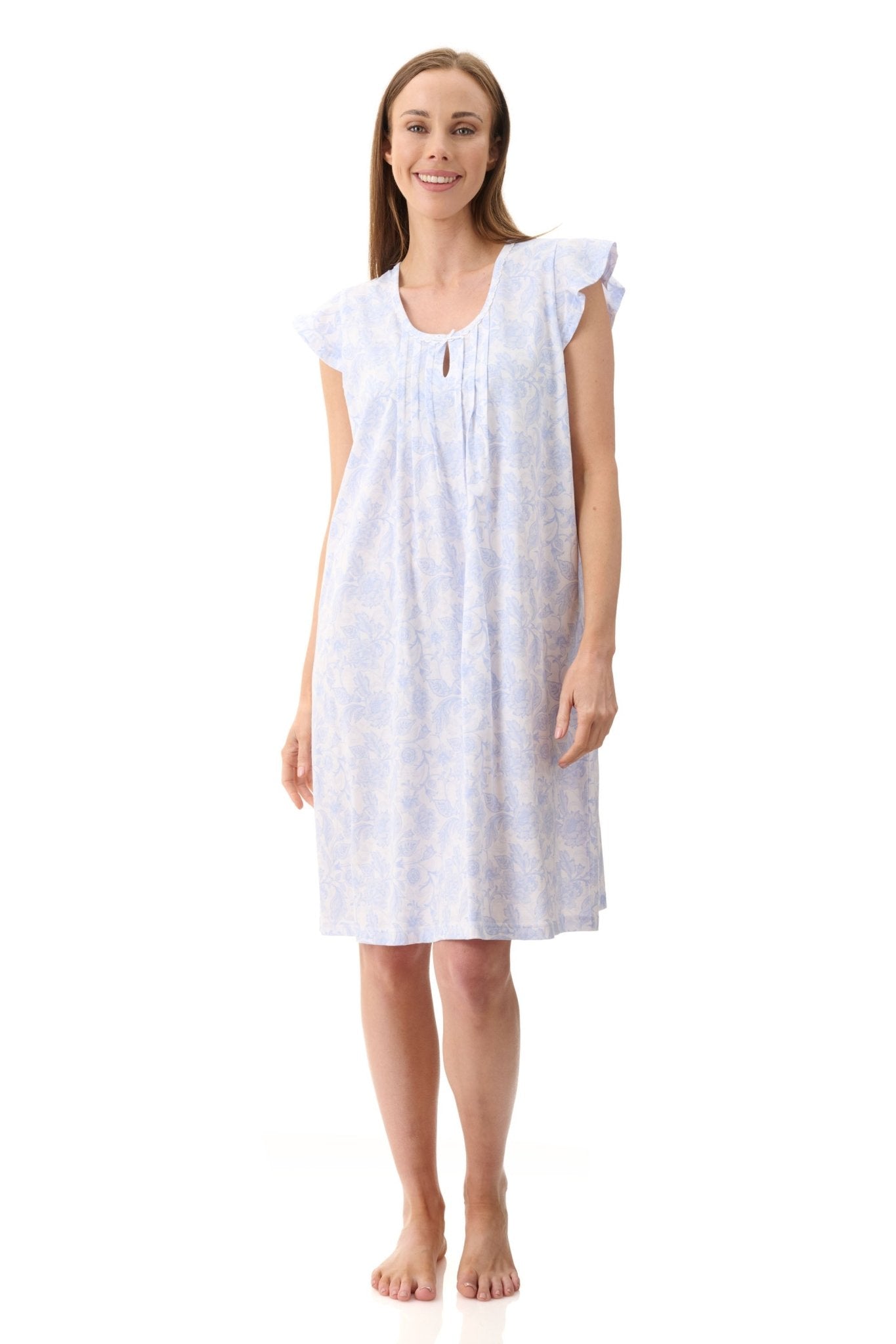 Givoni Wesley Flutter Sleeve Short Nightie in Damask Blue cotton knit, featuring satin scallop trim, pintuck detail, and a centre keyhole neckline.