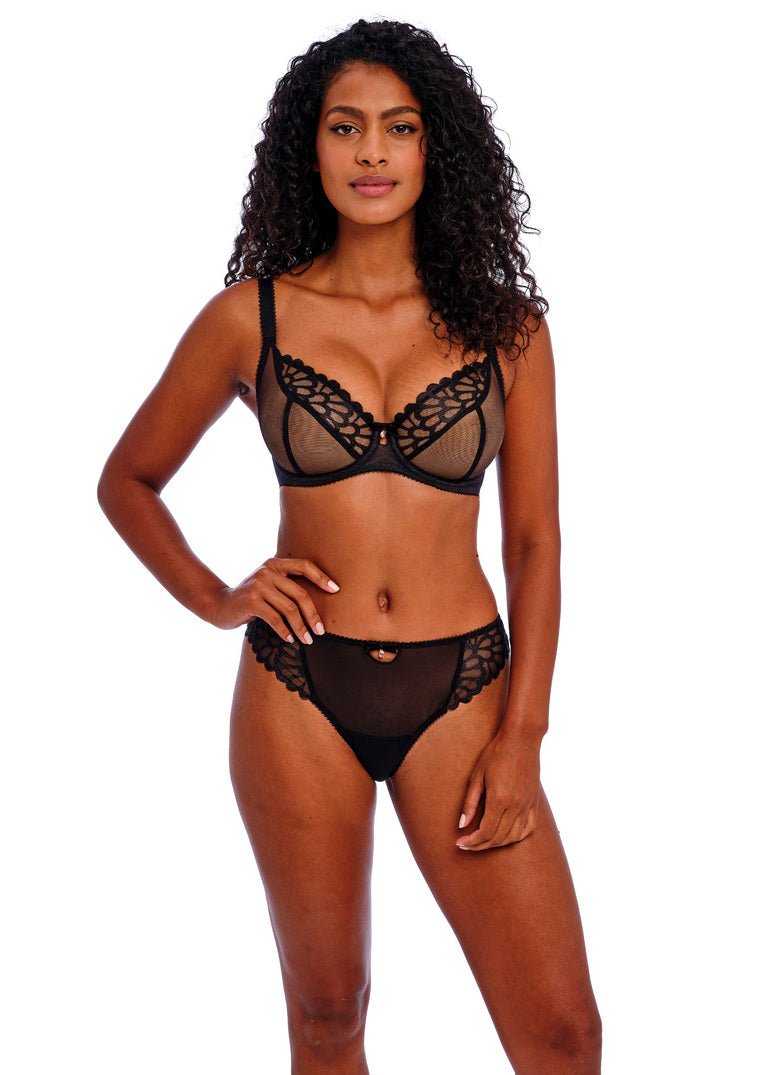 Freya Loveland Brief Bombshell Black styled with matching bra and suspender belt, art deco lace, luxury lingerie set.