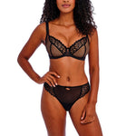 Freya Loveland Brief Bombshell Black styled with matching bra and suspender belt, art deco lace, luxury lingerie set.