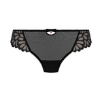 Freya Loveland Brief Bombshell Black, art deco lace, keyhole and gemstone detail, seamless finish, flat lay product image.