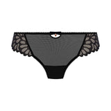 Freya Loveland Brief Bombshell Black, art deco lace, keyhole and gemstone detail, seamless finish, flat lay product image.