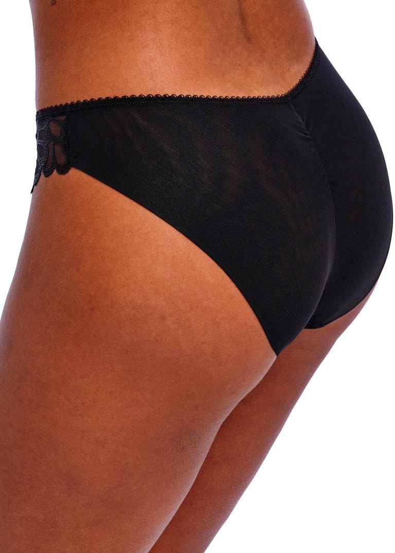 Close-up back view of Freya Loveland Brief Bombshell Black, gathered seam, seamless finish, soft stretch lace.