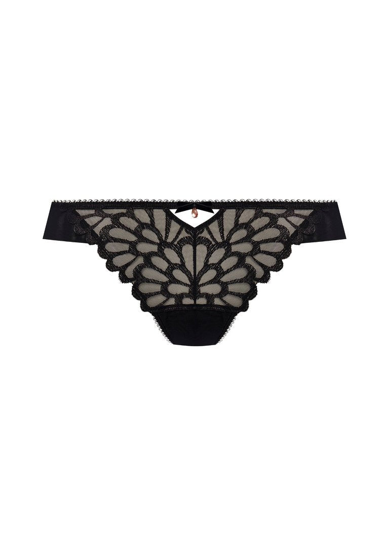 Flat lay of Freya Loveland Brazilian Brief in Bombshell Black with keyhole and gemstone detail, sheer lace finish.