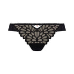Flat lay of Freya Loveland Brazilian Brief in Bombshell Black with keyhole and gemstone detail, sheer lace finish.