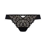 Flat lay of Freya Loveland Brazilian Brief in Bombshell Black with keyhole and gemstone detail, sheer lace finish.