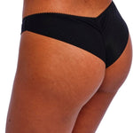 Side view close-up of Freya Loveland Brazilian Brief in black, showcasing lace and seamless finish.
