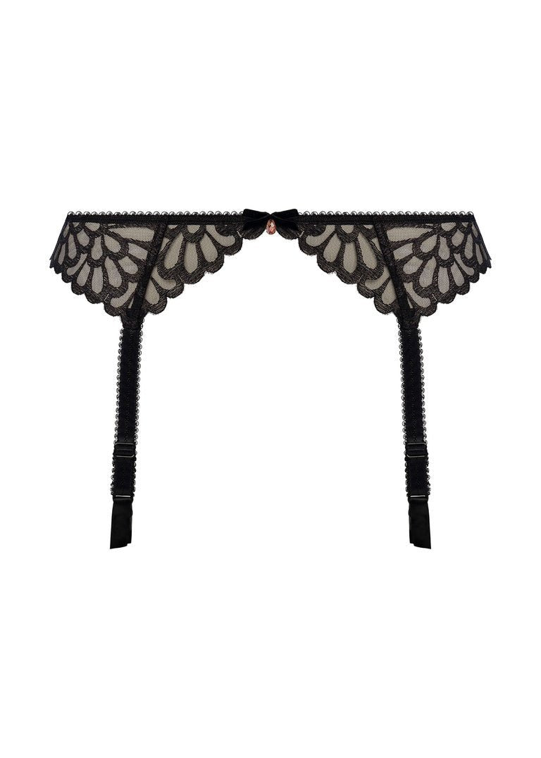 Flat lay of Freya Loveland Suspender Belt in Bombshell Black, art deco lace garter belt with adjustable suspender straps.