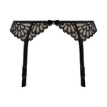 Flat lay of Freya Loveland Suspender Belt in Bombshell Black, art deco lace garter belt with adjustable suspender straps.
