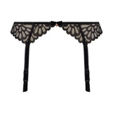 Flat lay of Freya Loveland Suspender Belt in Bombshell Black, art deco lace garter belt with adjustable suspender straps.